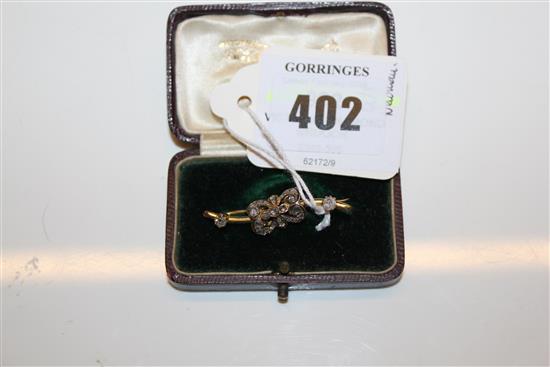 A Victorian gold and diamond bar brooch, 1.5in.